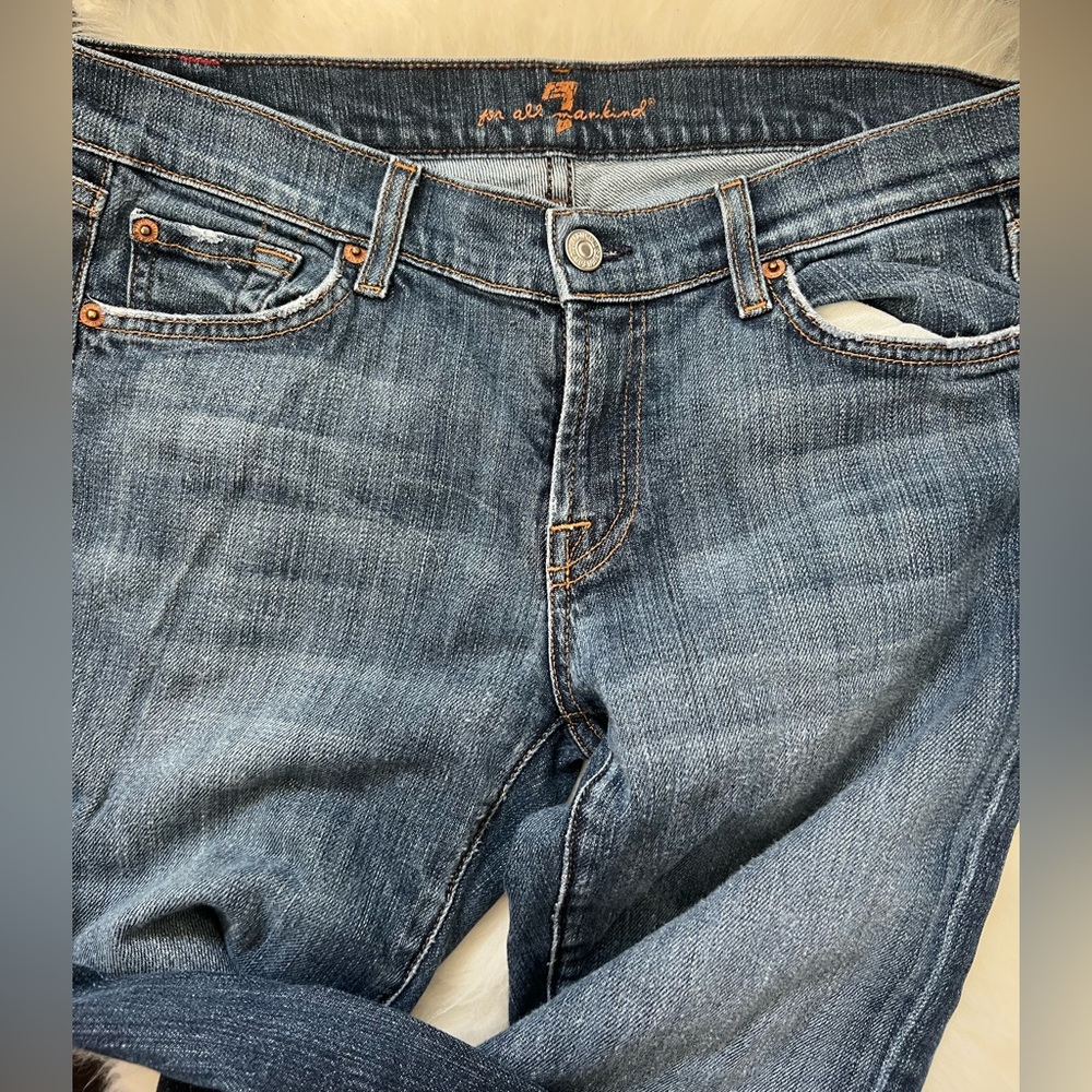 7 for All Mnakind blue med wash mid rise straight leg jeans